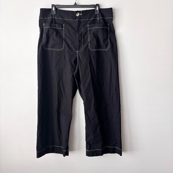 The Colette Contrast-Stitch Cropped Wide-Leg Pants by Maeve Size 34 Black Linen - Picture 1 of 5